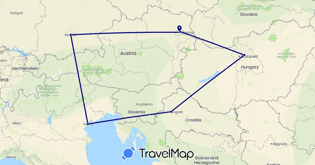 TravelMap itinerary: driving in Austria, Germany, Croatia, Hungary, Italy (Europe)